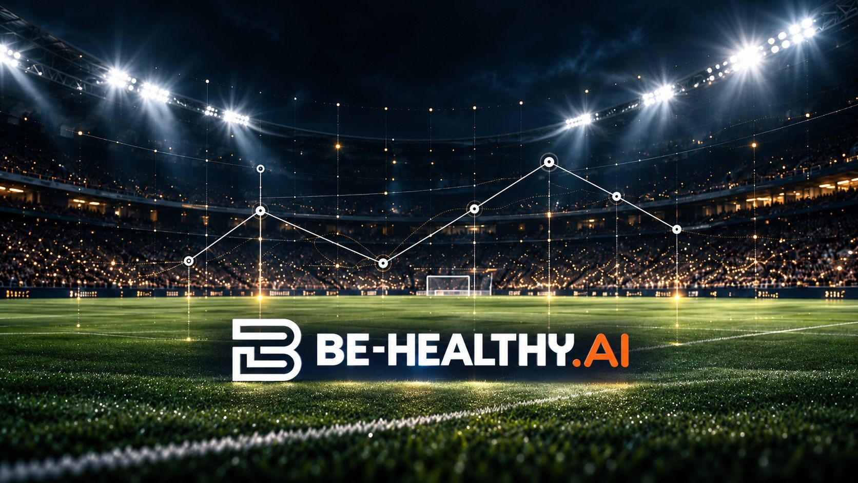 The Be-Healthy.AI logo on a floodlit football pitch, a line chart traced across the stands.