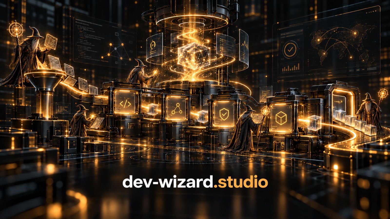 Illustrated wizards moving documents through a connected amber-lit forge.